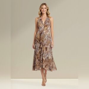 SZ10 Joseph Ribkoff Halter Dress Cocktail Shimmery Gold Silver Sheer